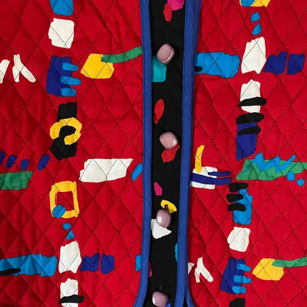 Sherri Lane red geometric pattern unique 80s vintage jacket cropped quilted sz 8 - Picture 3 of 4